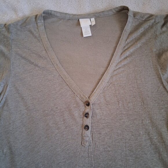 H&M Women's Linen Short Sleeve Henley Top Olive Green Large - Picture 3 of 10